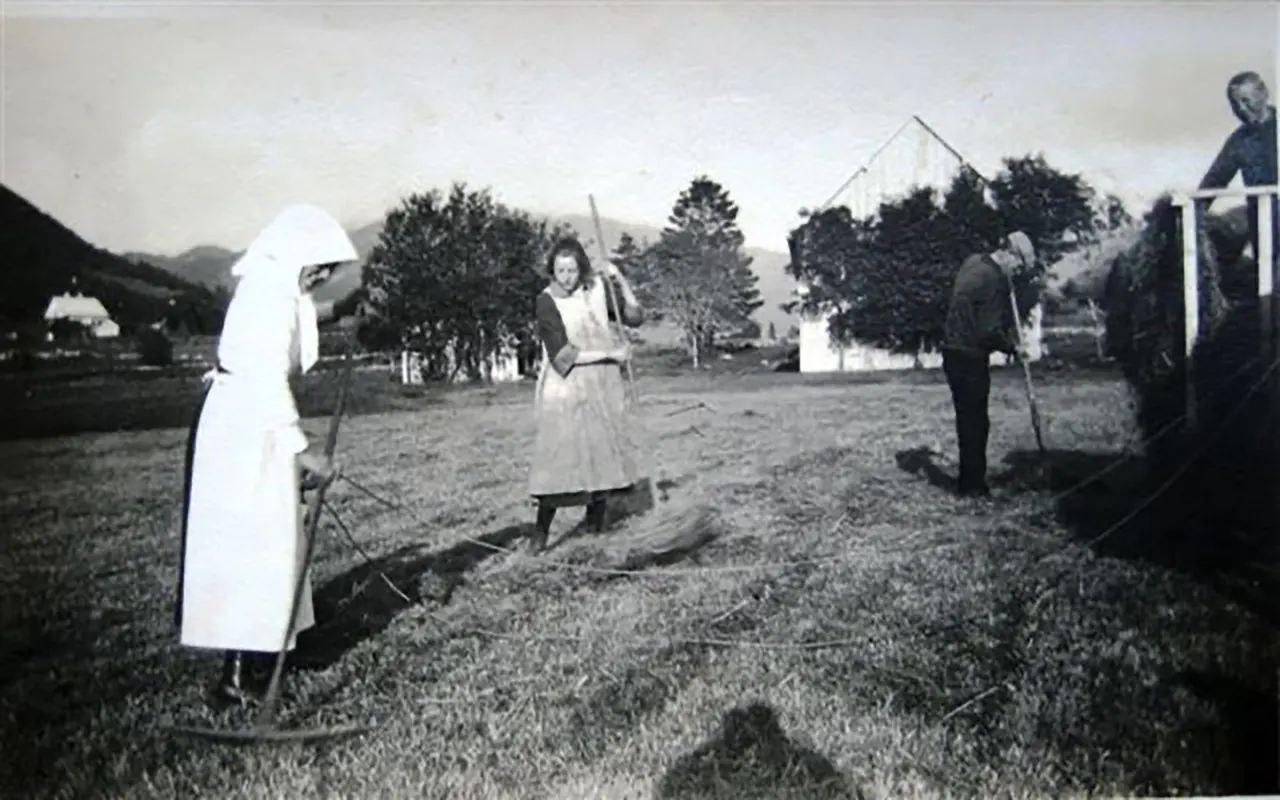 Falmet bilde av mennesker på gresset