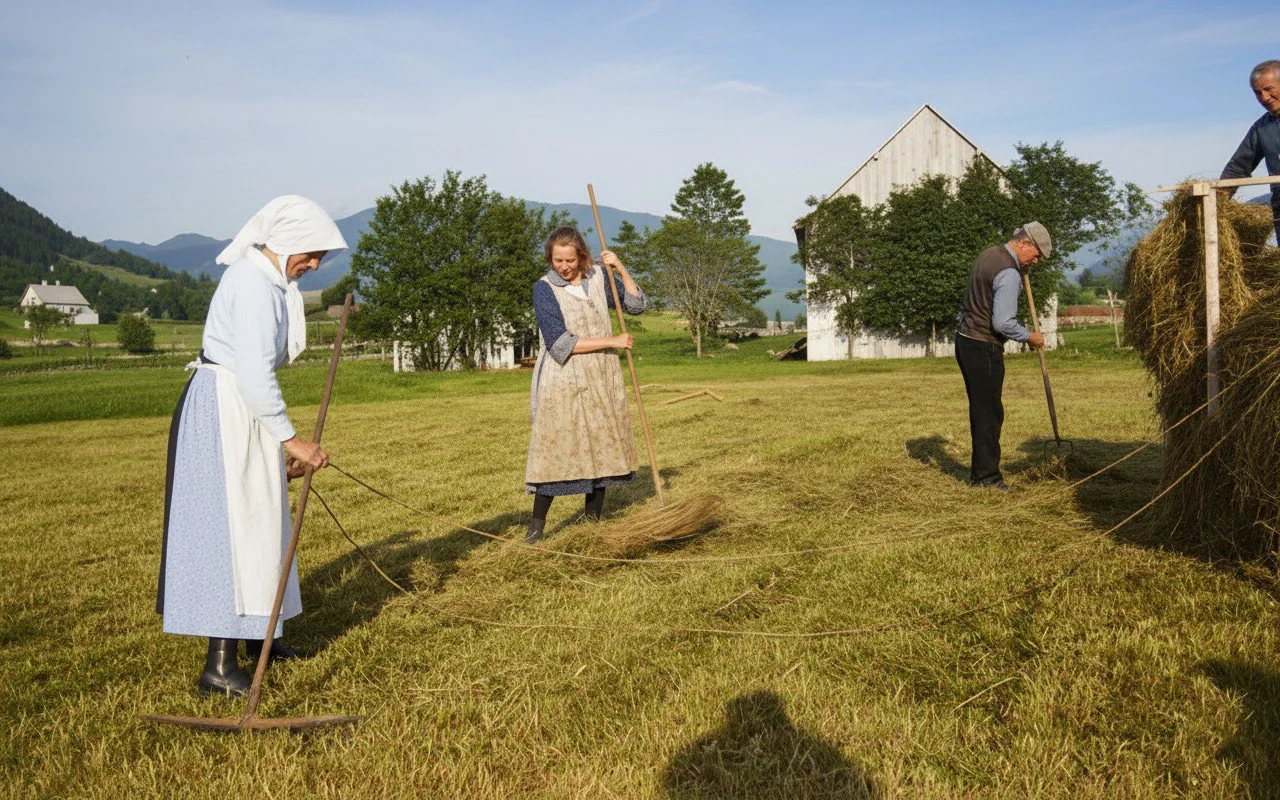 Restaurert bilde av mennesker på gress.
